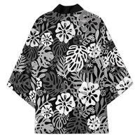 Black Aloha Hawaiian Kimono Monstera Hibiscus Tropical Pattern