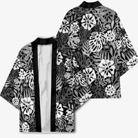 Black Aloha Hawaiian Kimono Monstera Hibiscus Tropical Pattern