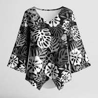 Black Aloha Hawaiian Kimono Sleeve Blouse Monstera Hibiscus Tropical Pattern