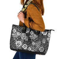 Black Aloha Hawaiian Leather Tote Bag Monstera Hibiscus Tropical Pattern