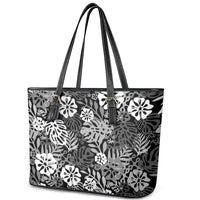 Black Aloha Hawaiian Leather Tote Bag Monstera Hibiscus Tropical Pattern
