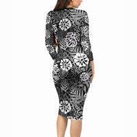 Black Aloha Hawaiian Long Sleeve Bodycon Dress Monstera Hibiscus Tropical Pattern
