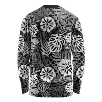 Black Aloha Hawaiian Long Sleeve Shirt Monstera Hibiscus Tropical Pattern