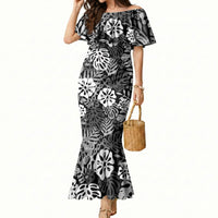 Black Aloha Hawaiian Mermaid Dress Monstera Hibiscus Tropical Pattern