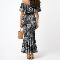 Black Aloha Hawaiian Mermaid Dress Monstera Hibiscus Tropical Pattern