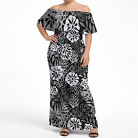 Black Aloha Hawaiian Off Shoulder Maxi Dress Monstera Hibiscus Tropical Pattern