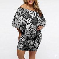 Black Aloha Hawaiian Off Shoulder Short Dress Monstera Hibiscus Tropical Pattern