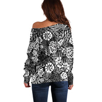 Black Aloha Hawaiian Off Shoulder Sweater Monstera Hibiscus Tropical Pattern