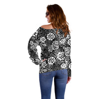Black Aloha Hawaiian Off Shoulder Sweater Monstera Hibiscus Tropical Pattern