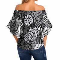 Black Aloha Hawaiian Off Shoulder Wrap Waist Top Monstera Hibiscus Tropical Pattern