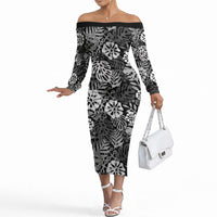 Black Aloha Hawaiian Off The Shoulder Long Sleeve Dress Monstera Hibiscus Tropical Pattern