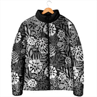Black Aloha Hawaiian Padded Jacket Monstera Hibiscus Tropical Pattern