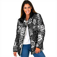 Black Aloha Hawaiian Padded Jacket Monstera Hibiscus Tropical Pattern