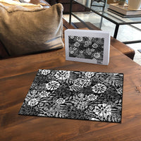 Black Aloha Hawaiian Puzzle Monstera Hibiscus Tropical Pattern