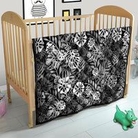 Black Aloha Hawaiian Quilt Monstera Hibiscus Tropical Pattern