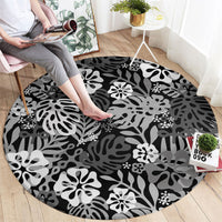 Black Aloha Hawaiian Round Carpet Monstera Hibiscus Tropical Pattern
