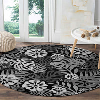 Black Aloha Hawaiian Round Carpet Monstera Hibiscus Tropical Pattern