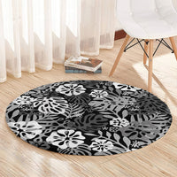 Black Aloha Hawaiian Round Carpet Monstera Hibiscus Tropical Pattern