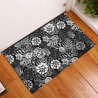Black Aloha Hawaiian Rubber Doormat Monstera Hibiscus Tropical Pattern