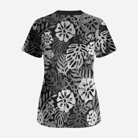 Black Aloha Hawaiian Scrub Top Monstera Hibiscus Tropical Pattern