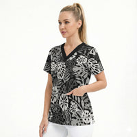 Black Aloha Hawaiian Scrub Top Monstera Hibiscus Tropical Pattern