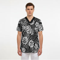 Black Aloha Hawaiian Scrub Top Monstera Hibiscus Tropical Pattern