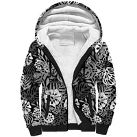 Black Aloha Hawaiian Sherpa Hoodie Monstera Hibiscus Tropical Pattern