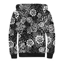 Black Aloha Hawaiian Sherpa Hoodie Monstera Hibiscus Tropical Pattern