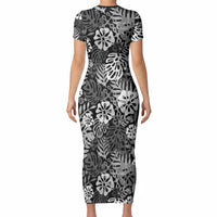 Black Aloha Hawaiian Short Sleeve Bodycon Dress Monstera Hibiscus Tropical Pattern