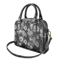 Black Aloha Hawaiian Shoulder Handbag Monstera Hibiscus Tropical Pattern
