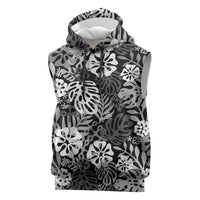 Black Aloha Hawaiian Sleeveless Hoodie Monstera Hibiscus Tropical Pattern