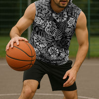 Black Aloha Hawaiian Sleeveless Hoodie Monstera Hibiscus Tropical Pattern