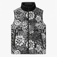Black Aloha Hawaiian Sleeveless Puffer Jacket Monstera Hibiscus Tropical Pattern