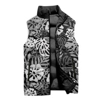 Black Aloha Hawaiian Sleeveless Puffer Jacket Monstera Hibiscus Tropical Pattern