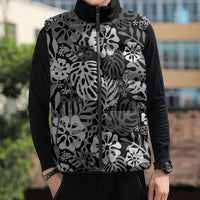 Black Aloha Hawaiian Sleeveless Puffer Jacket Monstera Hibiscus Tropical Pattern