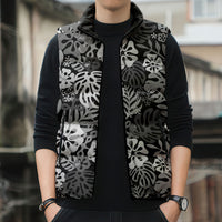 Black Aloha Hawaiian Sleeveless Puffer Jacket Monstera Hibiscus Tropical Pattern