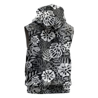 Black Aloha Hawaiian Sleeveless Zip Hoodie Monstera Hibiscus Tropical Pattern