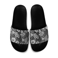 Black Aloha Hawaiian Slide Sandals Monstera Hibiscus Tropical Pattern