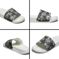 Black Aloha Hawaiian Slide Sandals Monstera Hibiscus Tropical Pattern