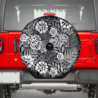 Black Aloha Hawaiian Spare Tire Cover Monstera Hibiscus Tropical Pattern