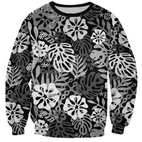 Black Aloha Hawaiian Sweatshirt Monstera Hibiscus Tropical Pattern