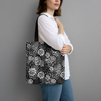 Black Aloha Hawaiian Tote Bag Monstera Hibiscus Tropical Pattern