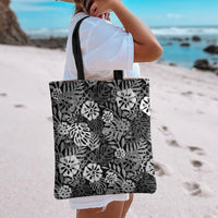 Black Aloha Hawaiian Tote Bag Monstera Hibiscus Tropical Pattern