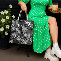 Black Aloha Hawaiian Tote Bag Monstera Hibiscus Tropical Pattern