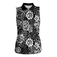 Black Aloha Hawaiian Women Sleeveless Polo Shirt Monstera Hibiscus Tropical Pattern
