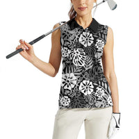 Black Aloha Hawaiian Women Sleeveless Polo Shirt Monstera Hibiscus Tropical Pattern