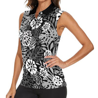 Black Aloha Hawaiian Women Sleeveless Polo Shirt Monstera Hibiscus Tropical Pattern