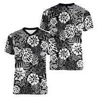 Black Aloha Hawaiian Women V-Neck T-Shirt Monstera Hibiscus Tropical Pattern