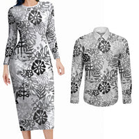 White Aloha Hawaiian Couples Matching Long Sleeve Bodycon Dress and Long Sleeve Button Shirt Monstera Hibiscus Tropical Pattern