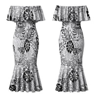 White Aloha Hawaiian Couples Matching Mermaid Dress and Hawaiian Shirt Monstera Hibiscus Tropical Pattern